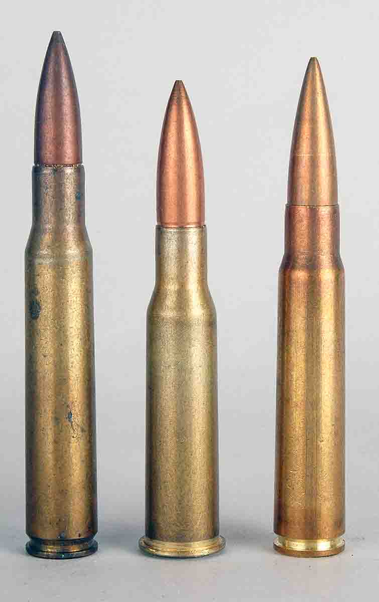 Original World War II cartridges include (left to right): .30-06 (M1 Garand), 7.62x54mm (SVT40) and the 8x57mm (K43).